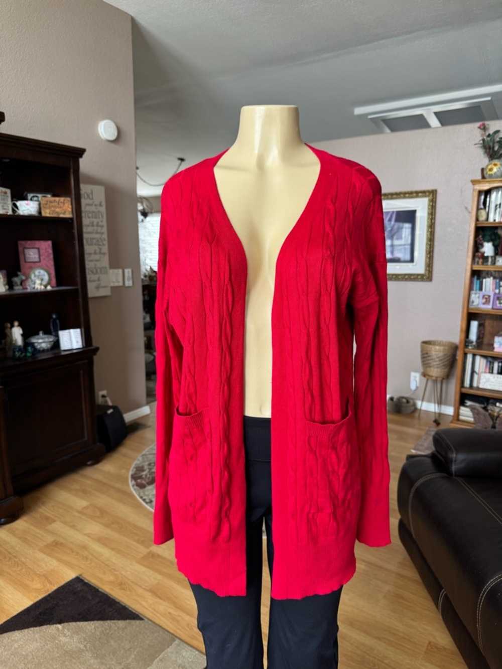 Cielo red cable knit open front cardigan sweater w/pockets-size XL
